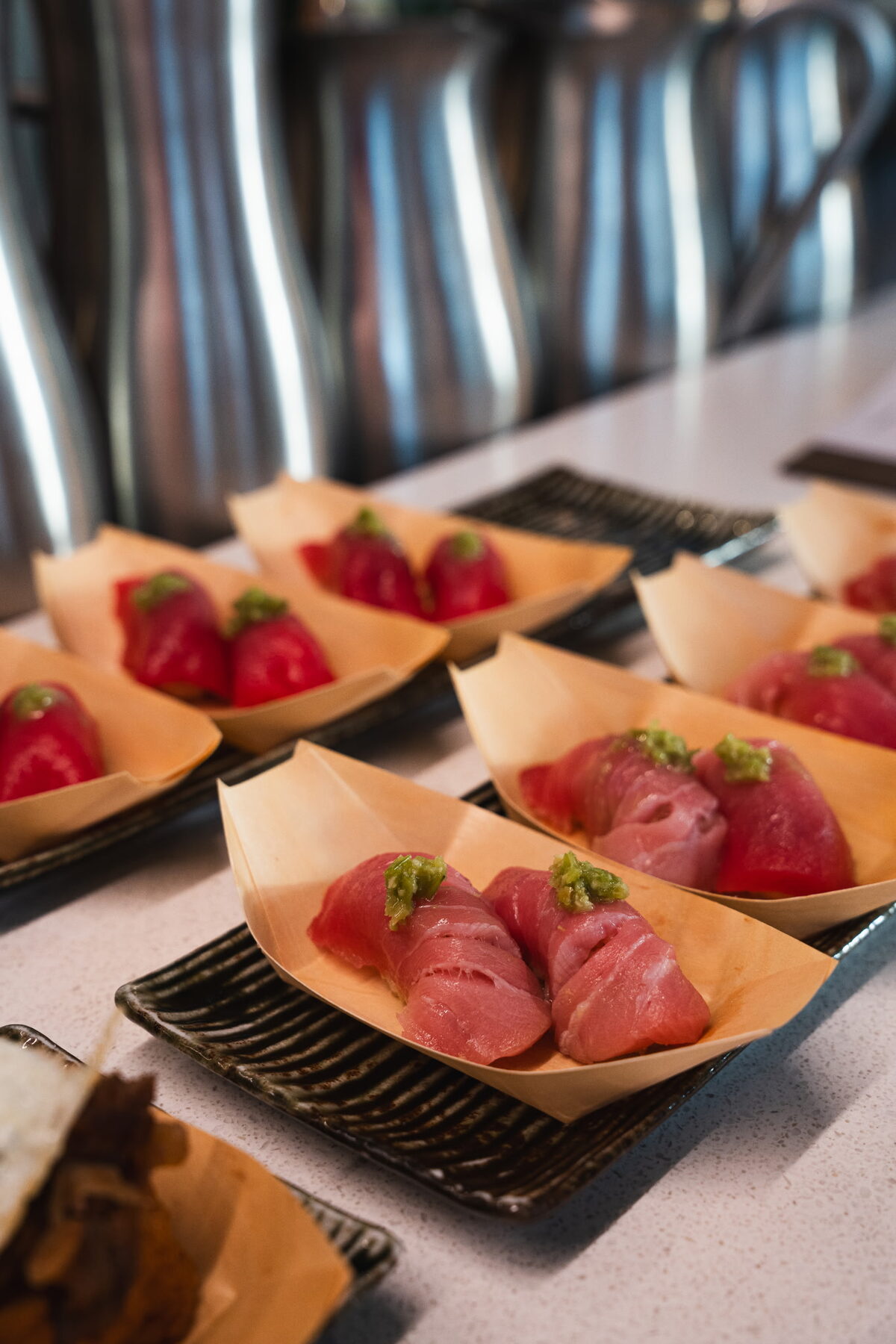 Bluefin nigiri in wooden boats