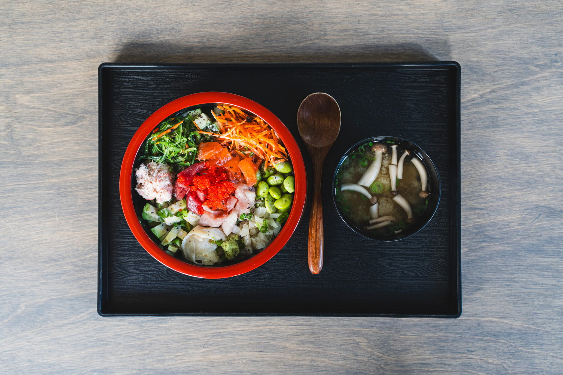 Chirashi bowl with miso, from above